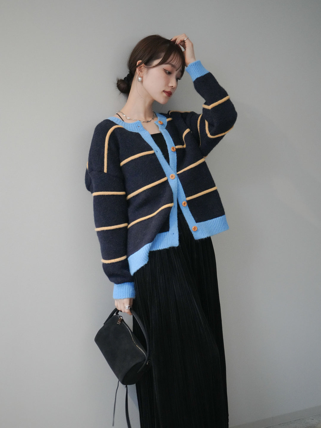 [予約]配色ボーダーニットカーディガン/navy