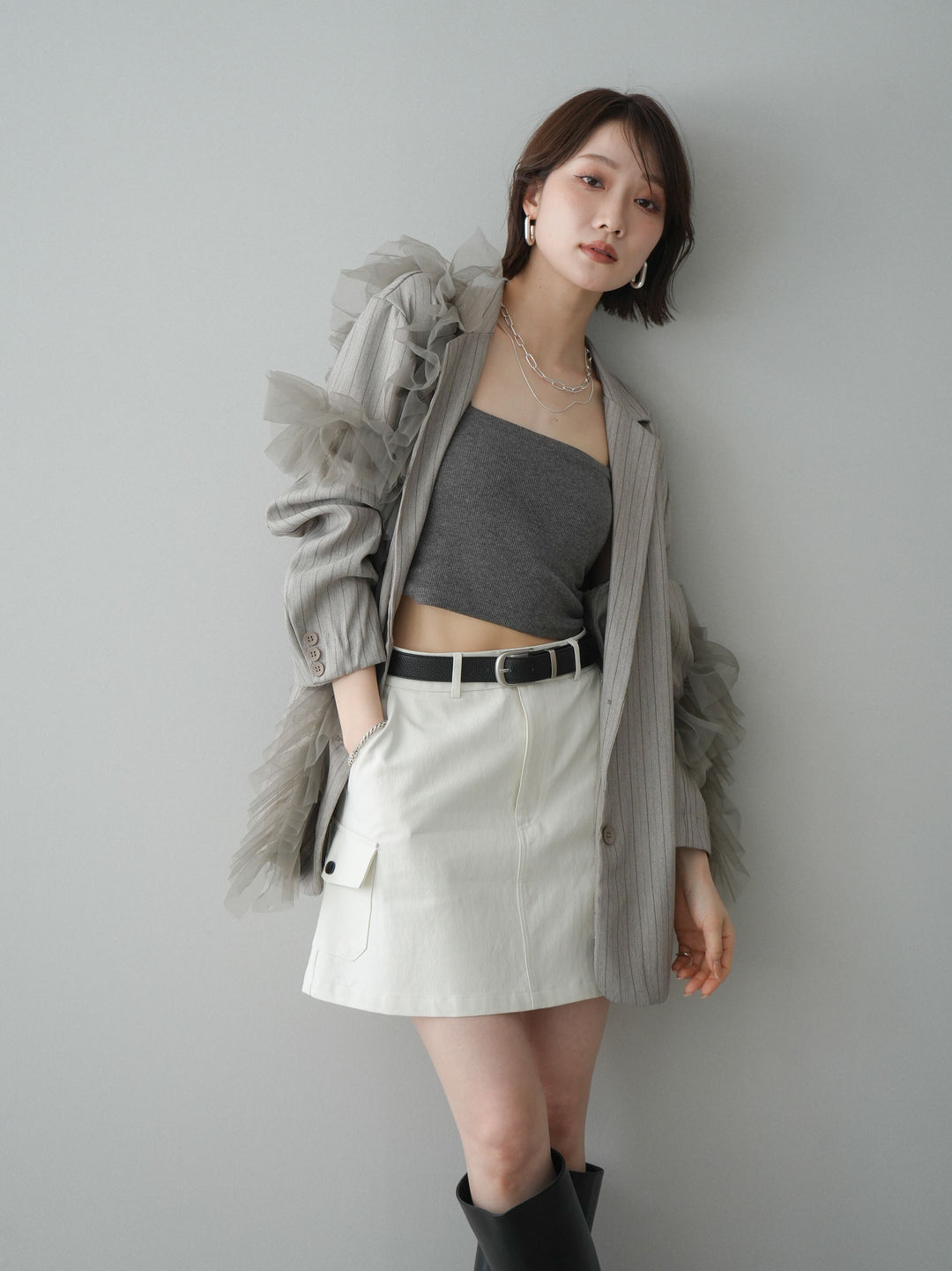 [予約]アシンメトリーチュールストライプジャケット/greige