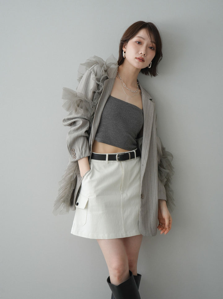 [予約]アシンメトリーチュールストライプジャケット/greige