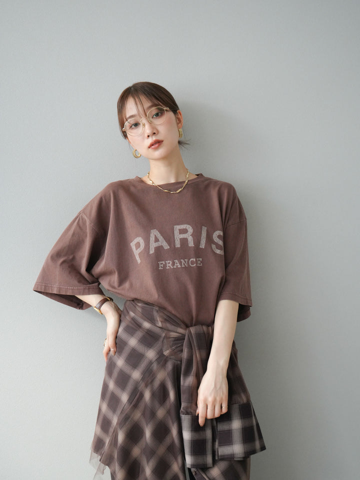 [SET]ピグメントロゴプリントTシャツ+2WAYデザインスウェットパンツ+チュールドッキングチェック柄オーバーサイズシャツ(3set)