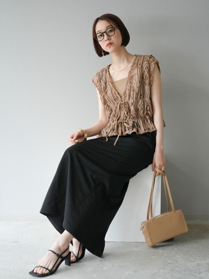 [SET]ジャガードレースリボントップス+スウェットロングスカート(2set)