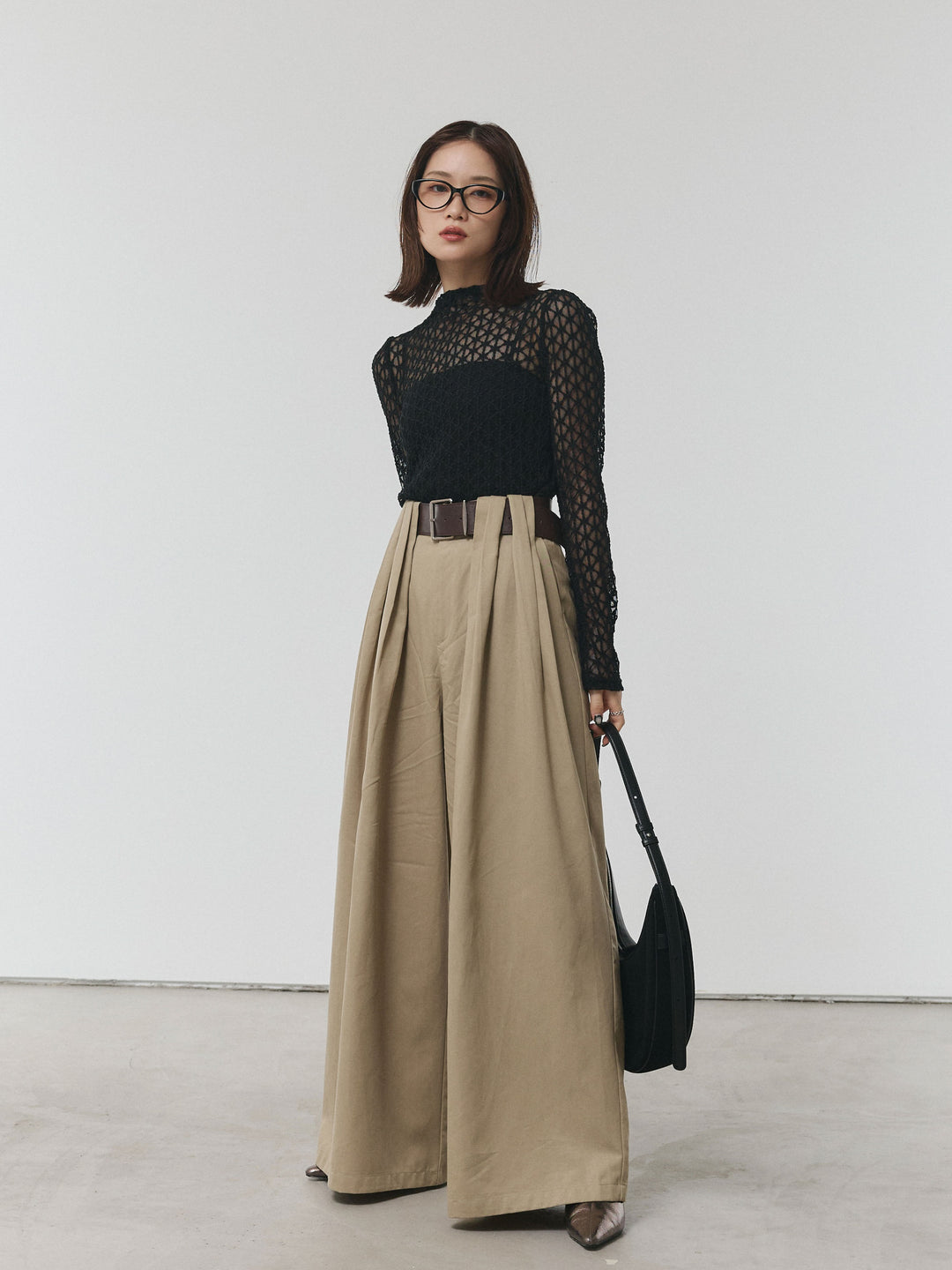 [予約]ベルト付ダブルループワイドパンツ/ベージュ