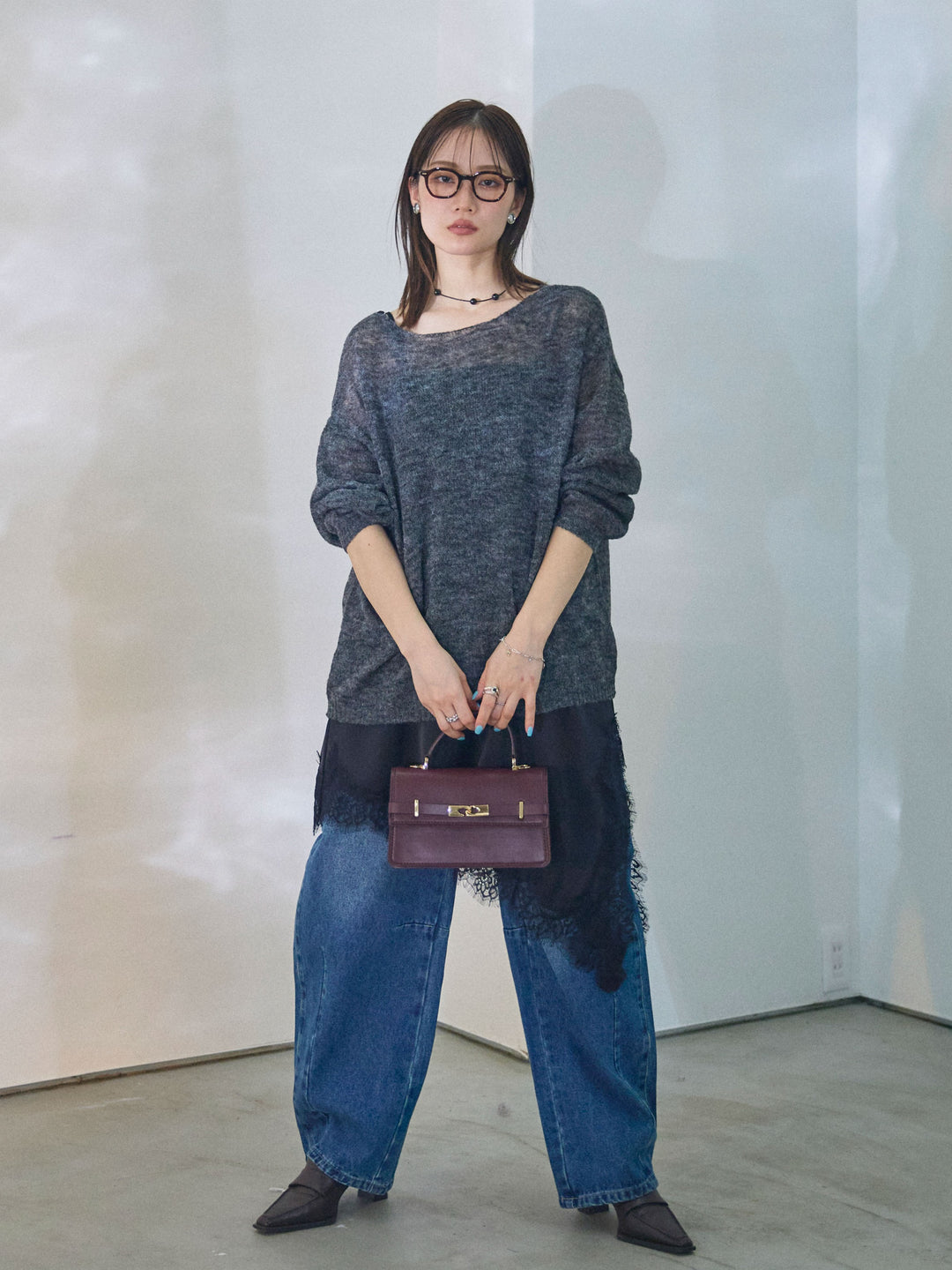 【Allure】[SET]モヘアタッチ透かし編みボートネックニットプルオーバー+アシメカーブデニムパンツ(2set)