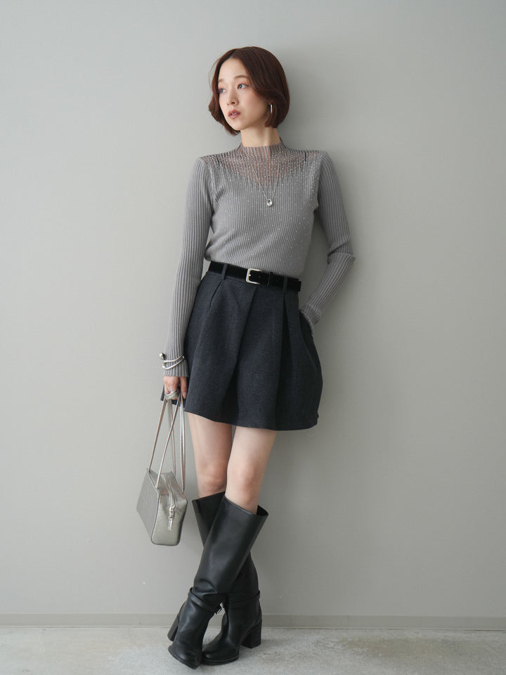 [SET]シアー切替スパンコールリブニットトップス+ベルト付きタックミニスカート(2set)