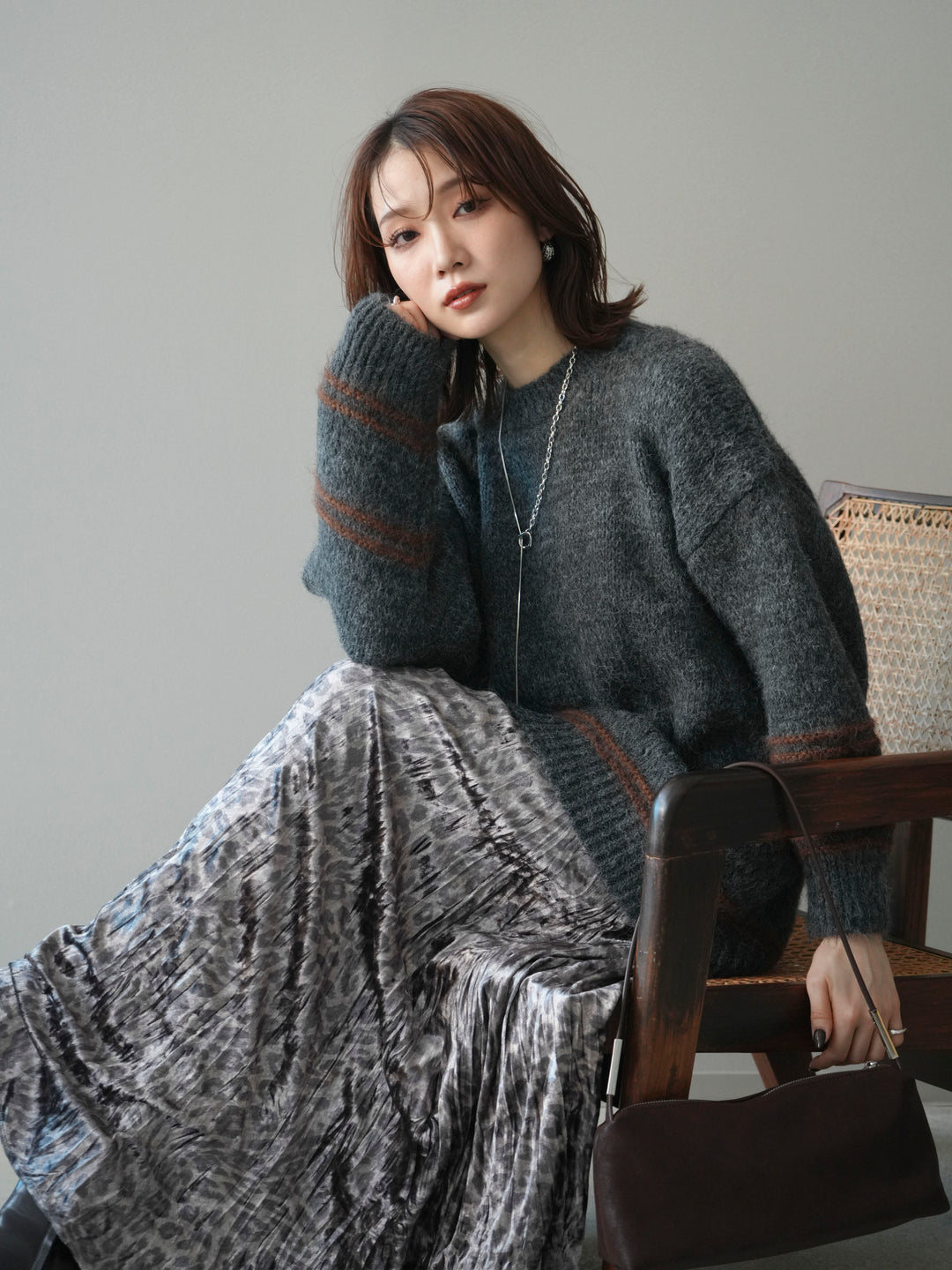 [予約]クルーネックラインボーダーニットプルオーバー/gray