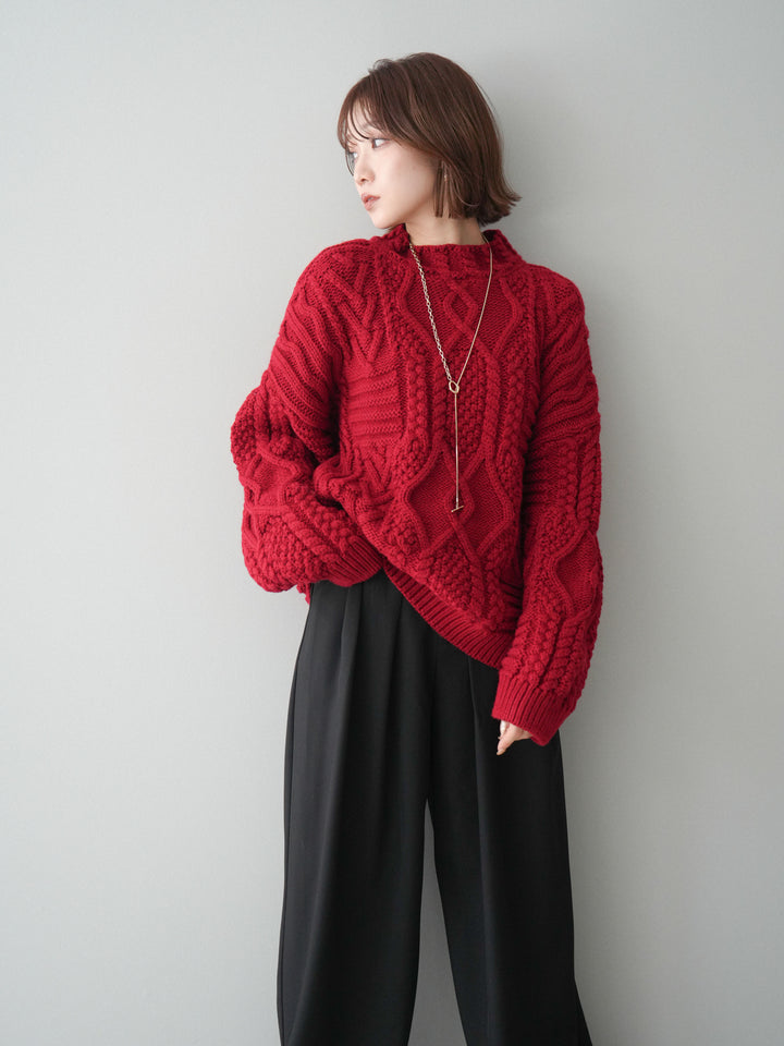 [予約]ケーブル編みモックネックニットプルオーバー/red