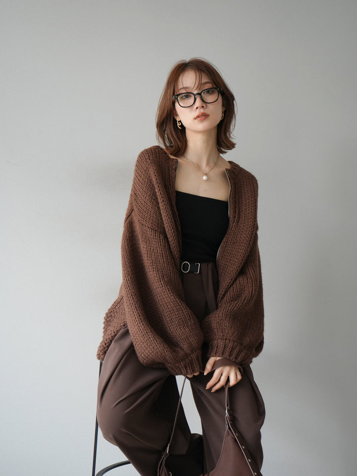 [予約]ロービングケーブルオーバーZIPニットカーディガン/ブラウン