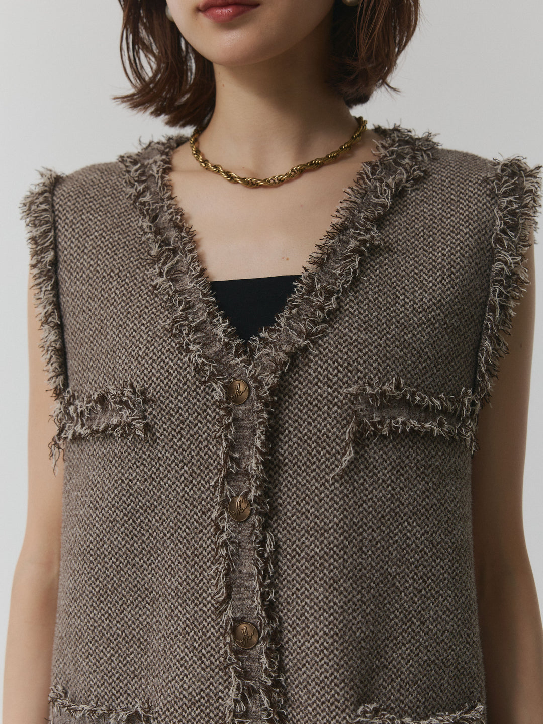 【Allure】[SET]アンティークボタンツイードフリンジニットベスト+アンティークボタンツイードフリンジニットベスト(2set)