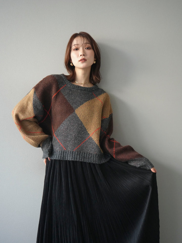 [SET]配色ステッチアーガイル柄ニットプルオーバー+裾レーススウェードプリーツマキシスカート(2set)