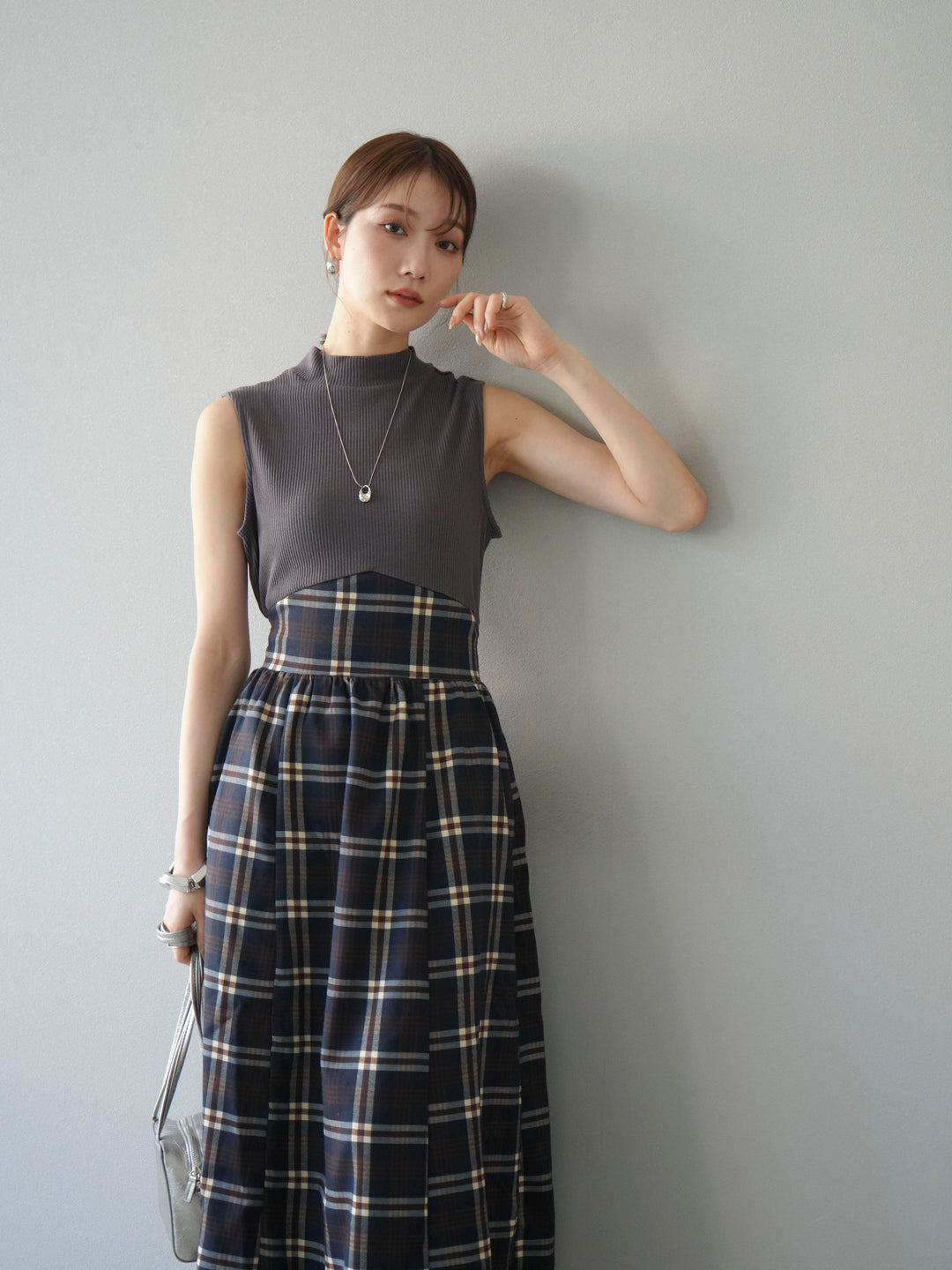 [SET]テレコ×チェックドッキングノースリワンピース+選べるアクセセット(2set)