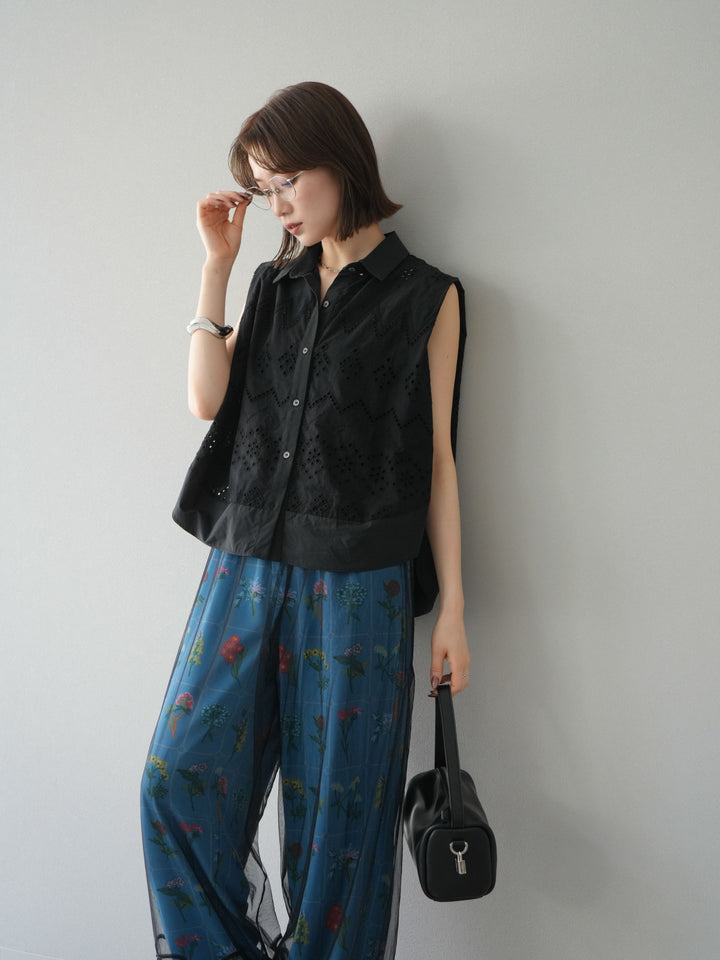 [予約]エンブロイダリーレースタックショルダーブラウス/ブラック