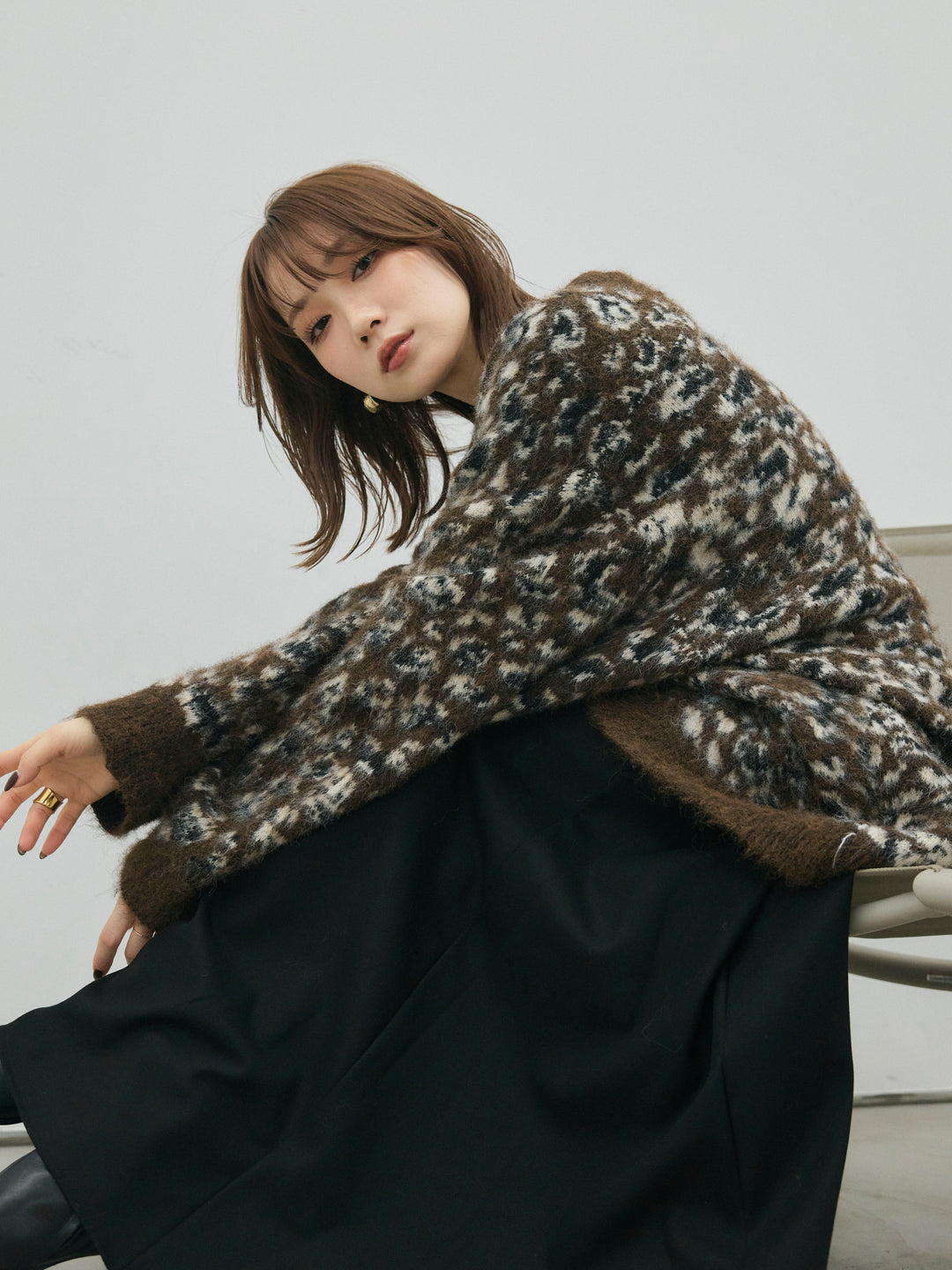 【Allure】[SET]レオパードシャギーニットカーディガン+ウールタッチフレアスカート(2set)