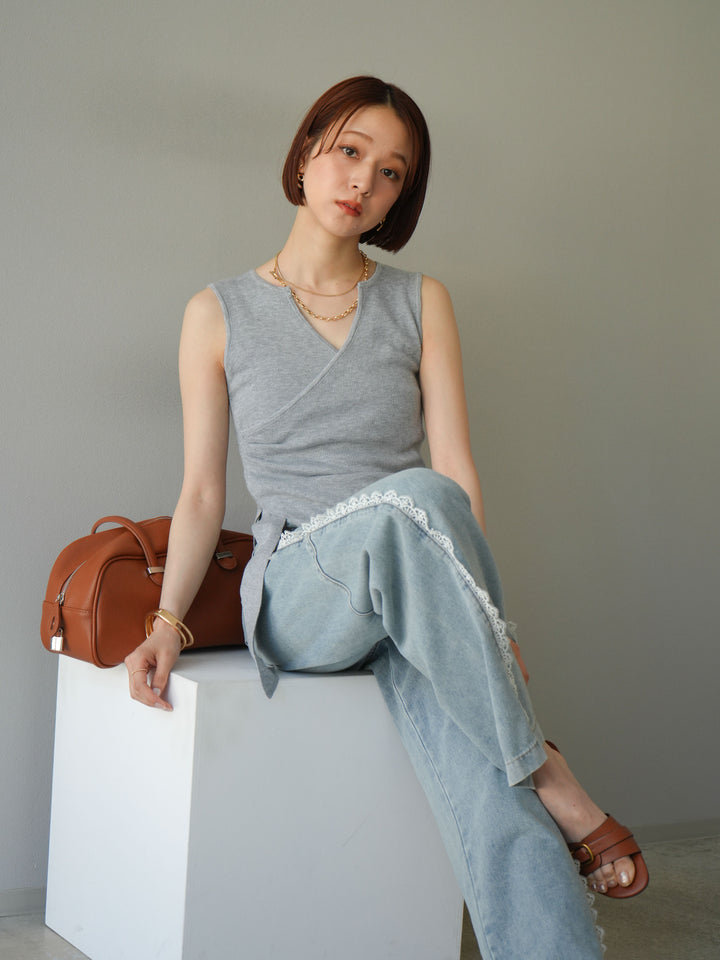 [SET]カシュクールノースリーブニットトップス+ラインレースデニムパンツ(2set)