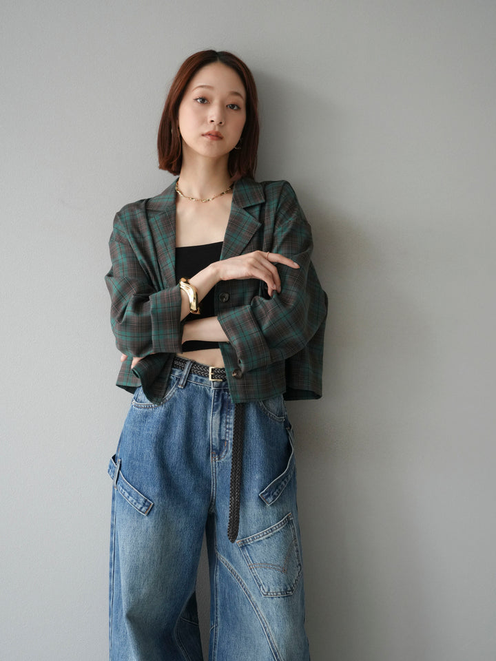 [予約]チェック柄ショートジャケット/ブラウン