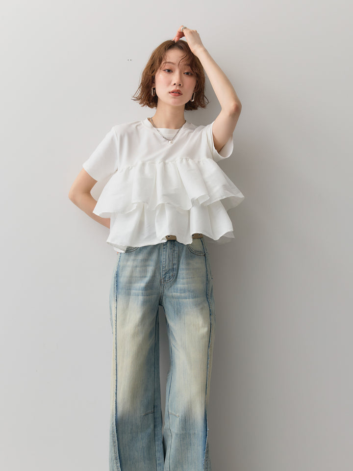 [SET]フリルティアードTEE+縦ウォッシュワイドデニムパンツ(2set)