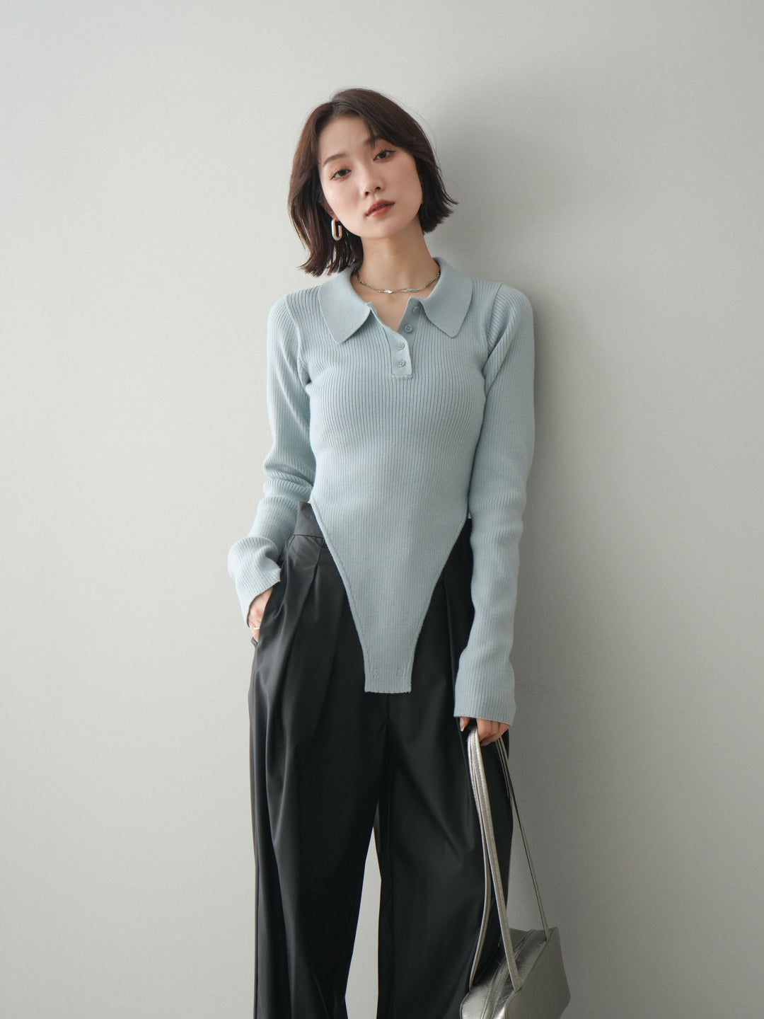 [予約]リブポロニットボディスーツ/blue