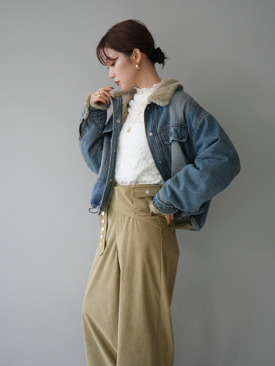 [予約]デニム×ファーステンカラーショートジャケット/lightblue