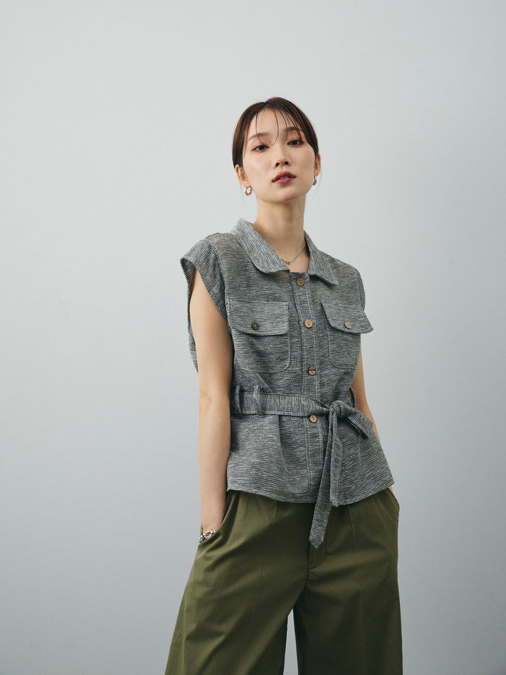 [SET]ミックスヤーンメッシュブラウス+コクーンワイドチノパンツ(2set)