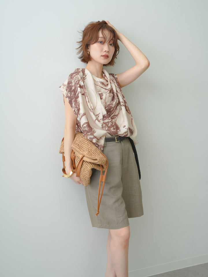 [予約]アート柄ドレープデザインノースリトップス/brown