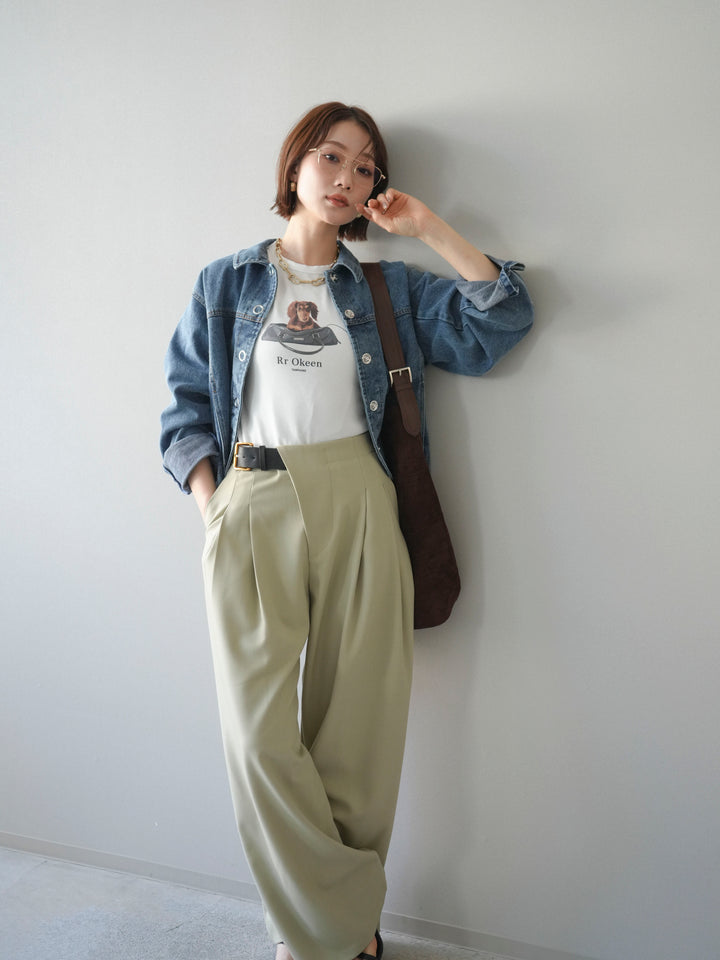 [SET]ラウンドカットコンパクトデニムジャケット+ドッグコンパクトTEE+アシンメトリーベルトタックワイドパンツ(3set)