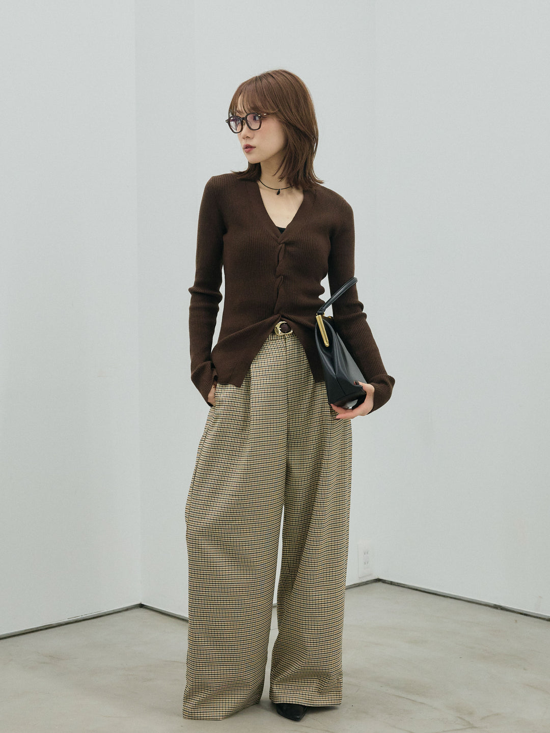 [予約]チェック柄タックワイドパンツ/beige