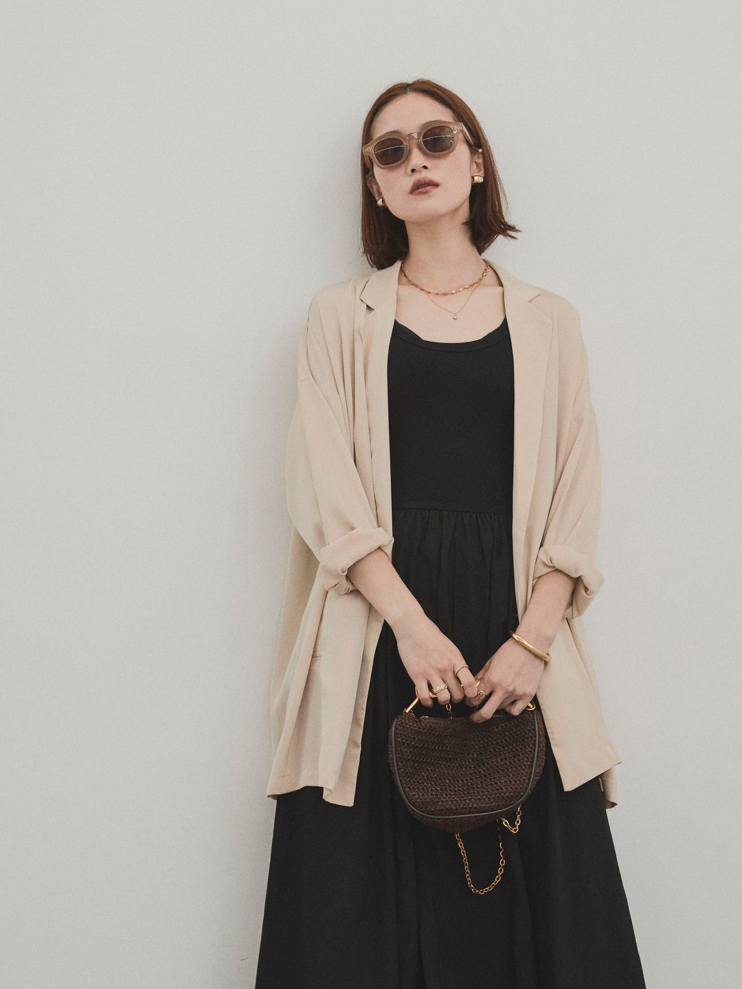 [SET] 霧面緞面外套 + 羅紋對接喇叭裙 (2 件套)