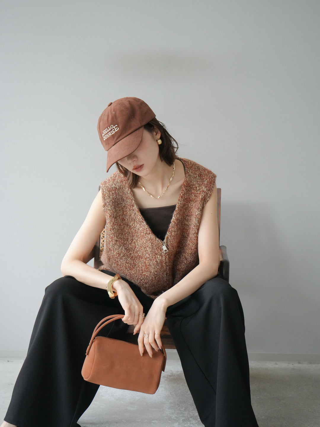 [予約]フロントZIPミックスニットベスト/キャメル