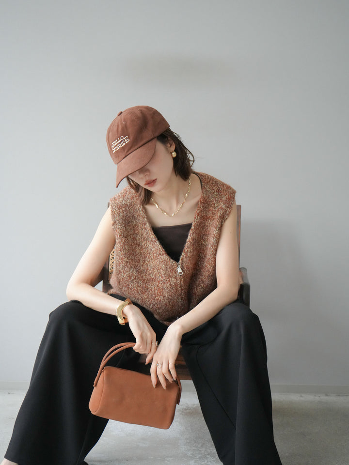 [予約]フロントZIPミックスニットベスト/キャメル