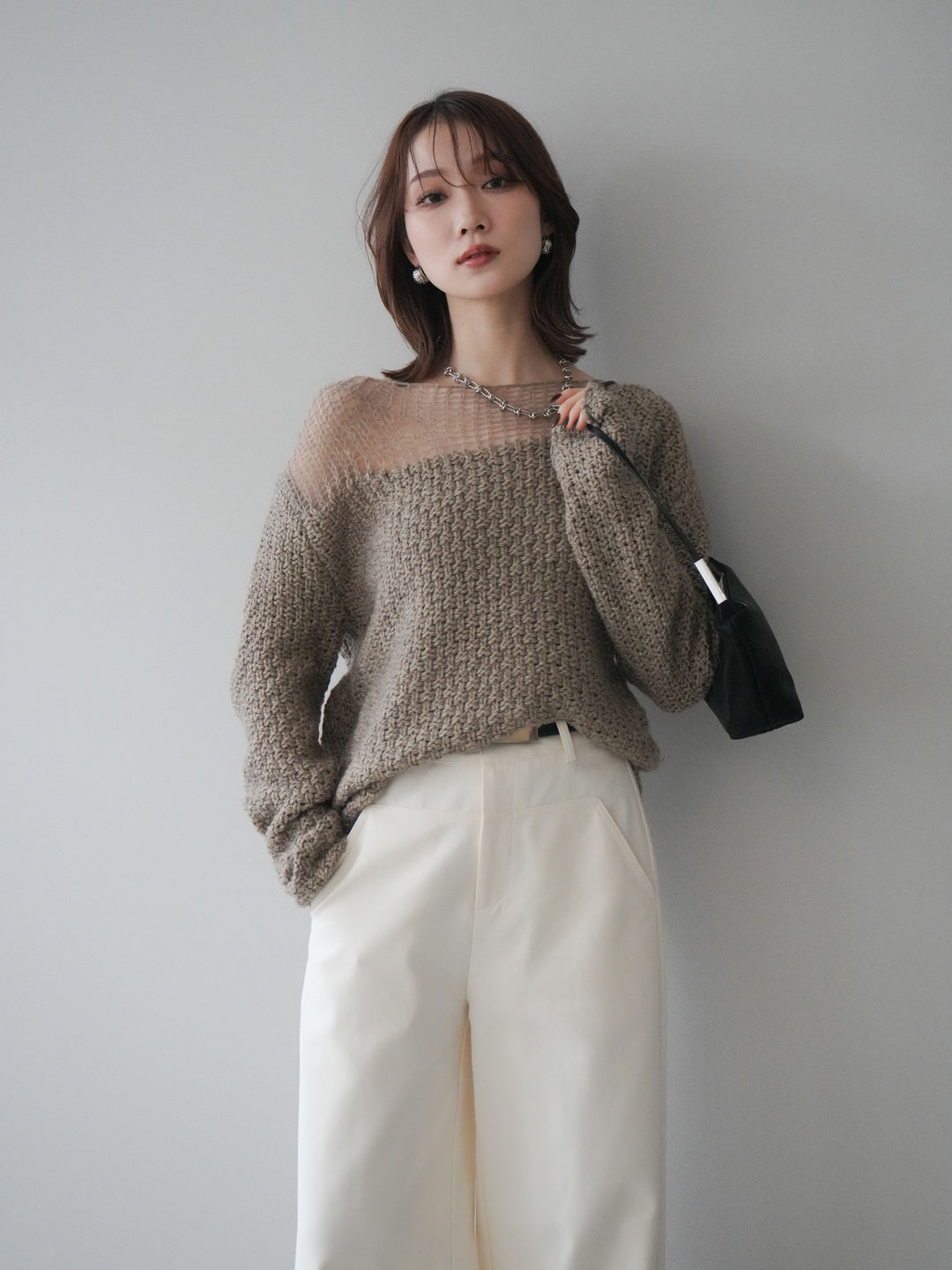 [予約]ダメージデザインニットプルオーバー/greige