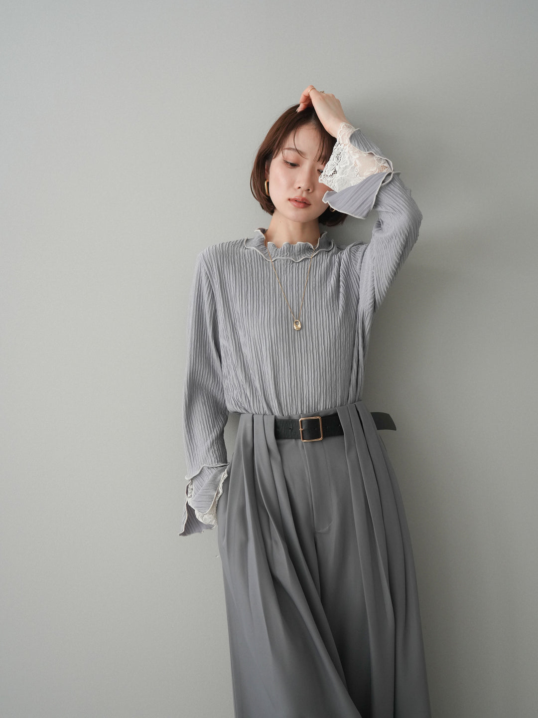 [予約]袖レース楊柳メロートップス/lightgray