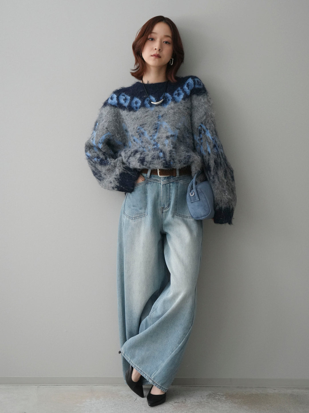 [SET]シャギーニュアンス柄ニットプルオーバー+ベルト付裏起毛カーブデニムパンツ(2set)