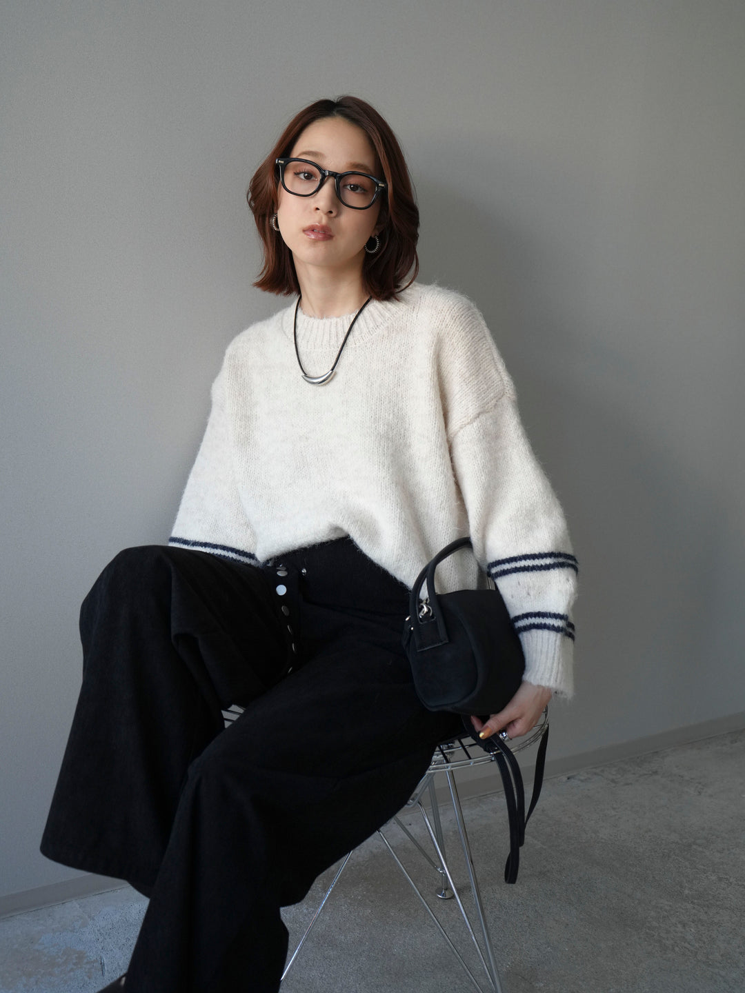 [予約]クルーネックラインボーダーニットプルオーバー/white