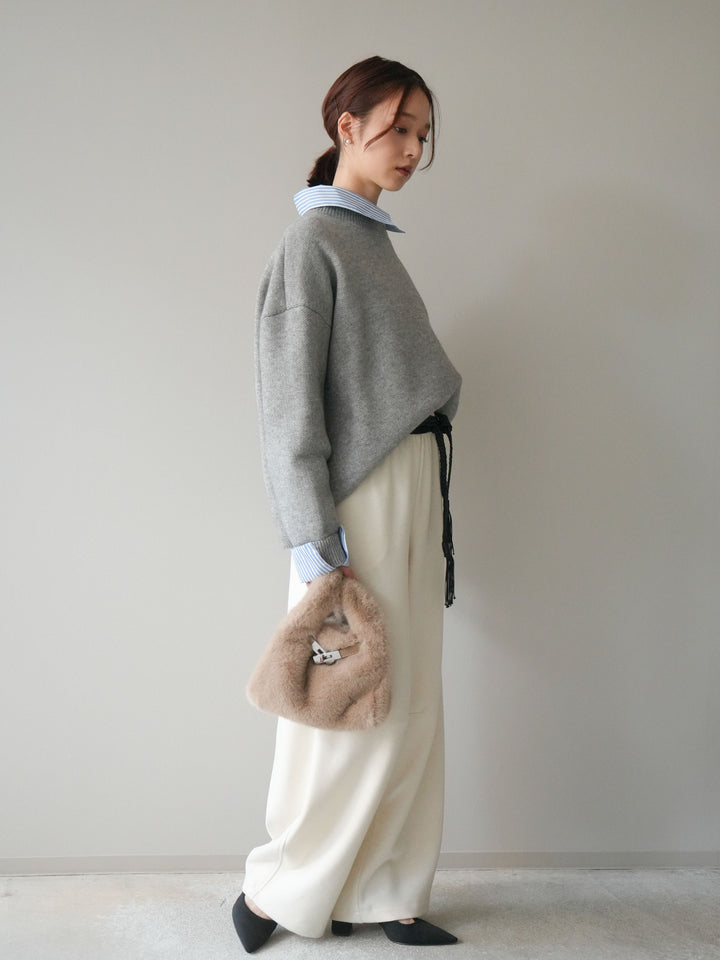 [SET]2WAYストライプ襟ニットプルオーバー+編み込みベルト付きウエスト配色スエットパンツ(2set)