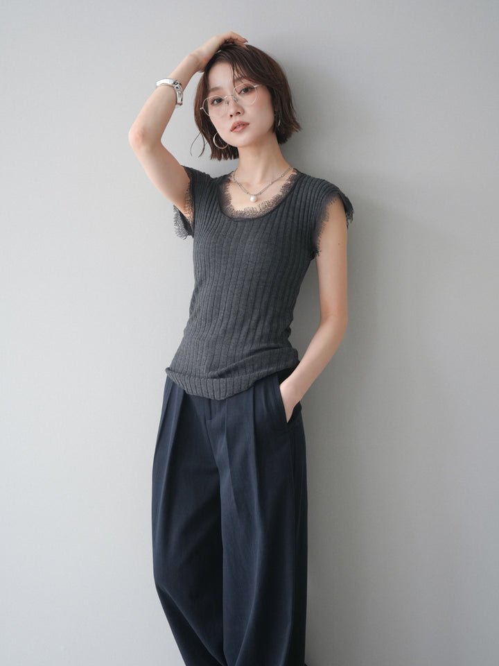 [予約]レーストリムリブニットトップス/charcoal