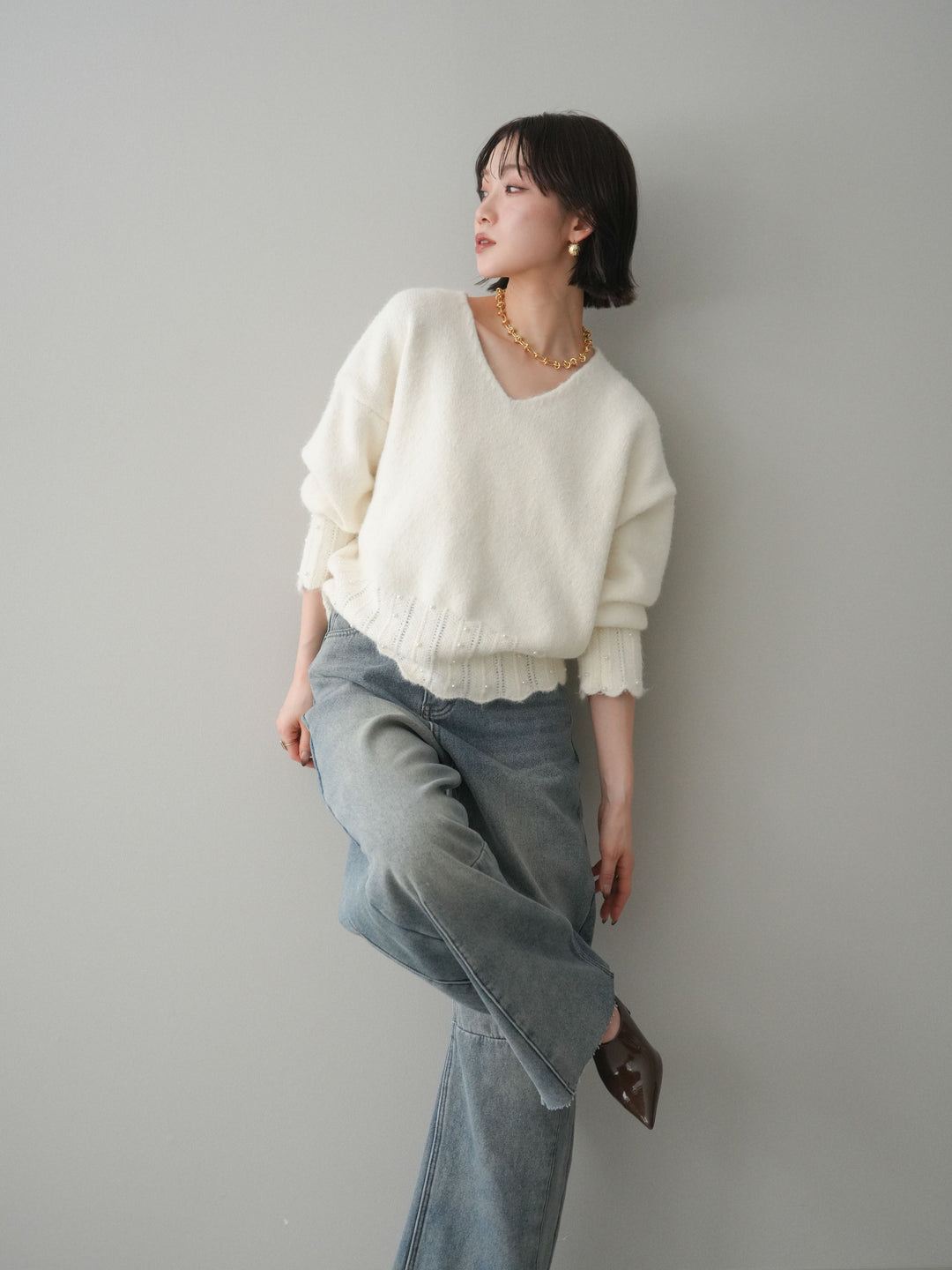 [SET]パールフリルリブヘムニットプルオーバー+選べるアクセセット(2set)