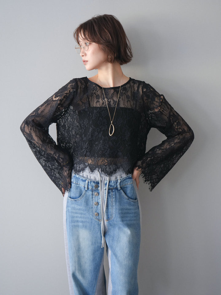 [SET]2WAYスリーブレーストップス+デニム切替スウェットパンツ(2set)