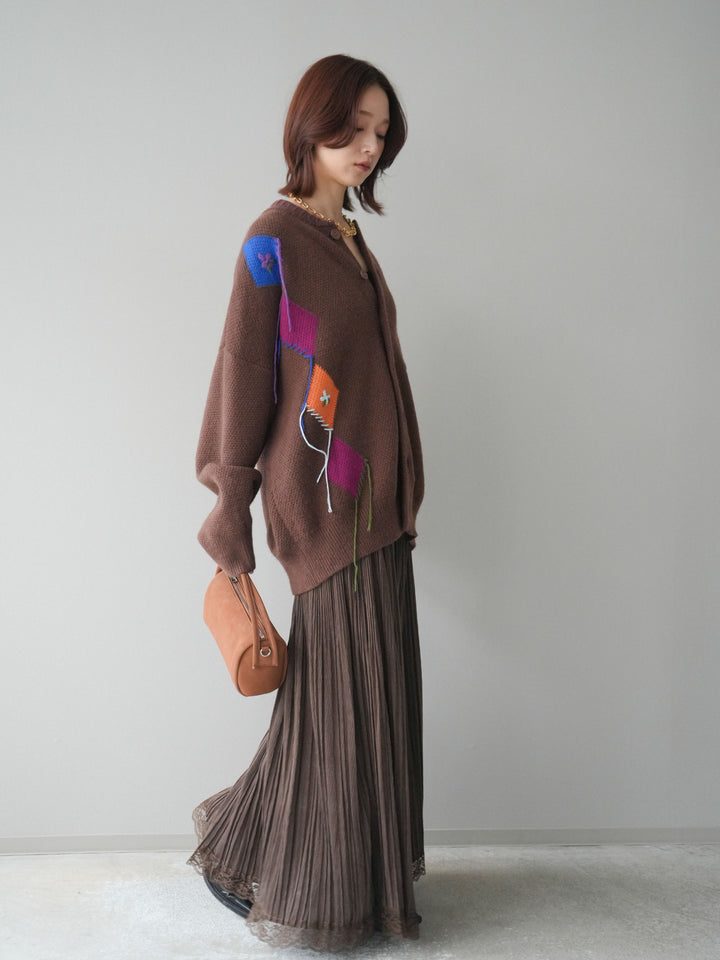 [SET]ハンドステッチアーガイルデザインニットカーディガン+裾レーススウェードプリーツマキシスカート(2set)
