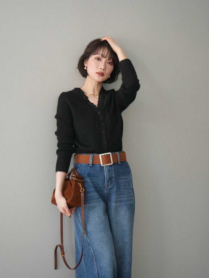 [SET]レースネックコンパクトニットカーディガン+選べるアクセセット(2set)