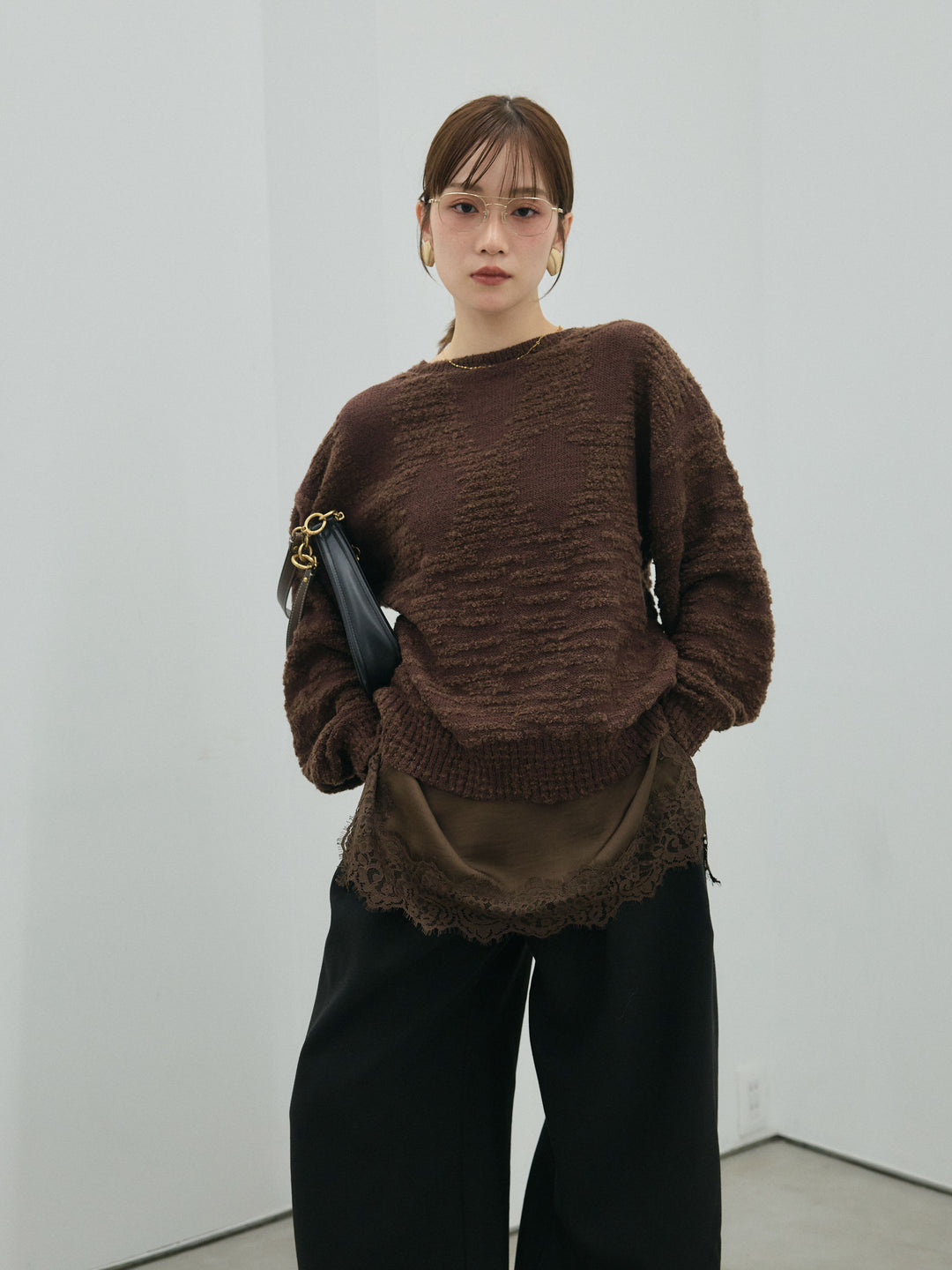 【Allure】[SET]バックリボンニュアンスブークレニットプルオーバー+サテンレースキャミソール(2set)