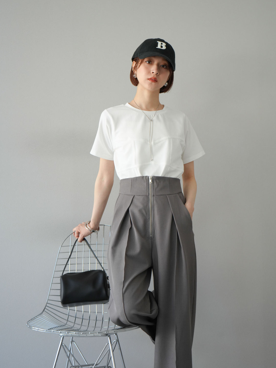 [SET]ビスチェデザインTシャツ+ジップタックワイドパンツ(2set)