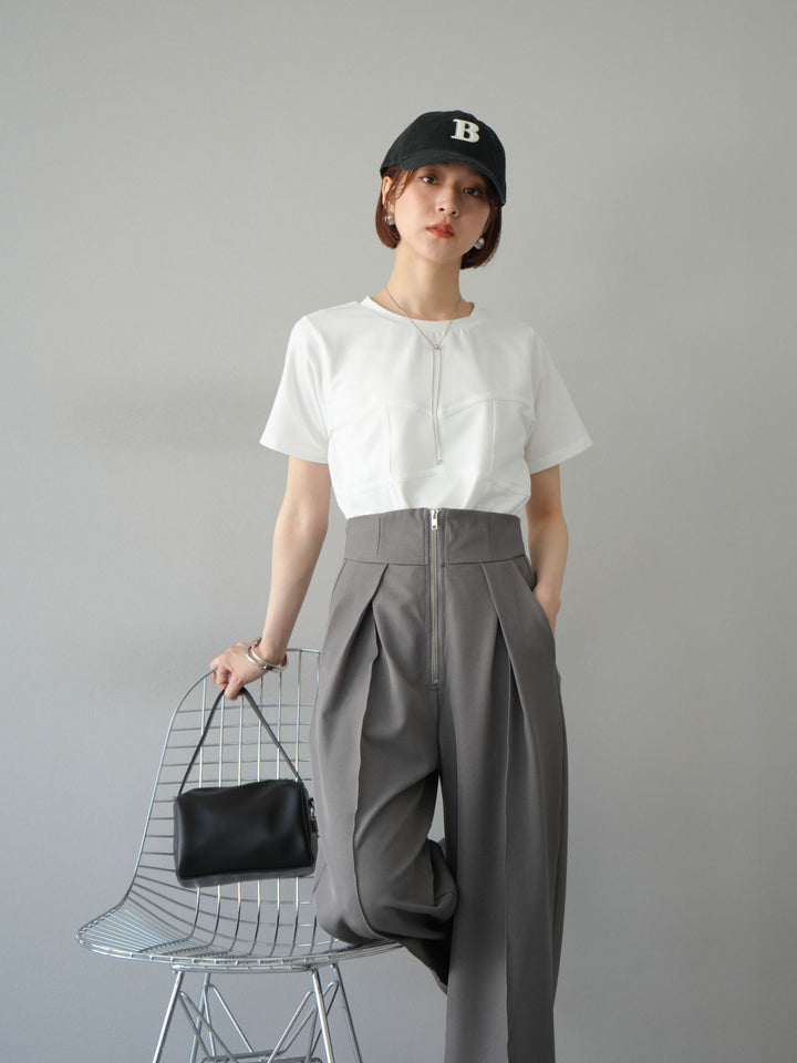 [SET]ビスチェデザインTシャツ+ジップタックワイドパンツ(2set)