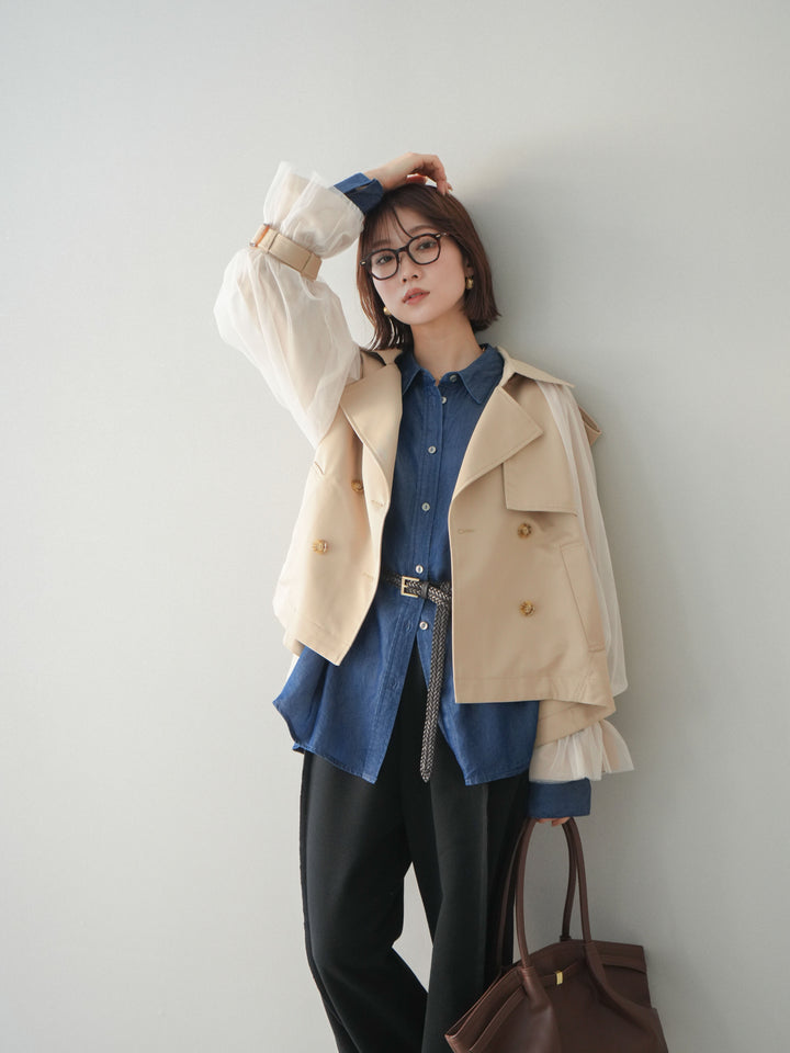 【預購】薄紗層疊蓬鬆袖短風衣/米色