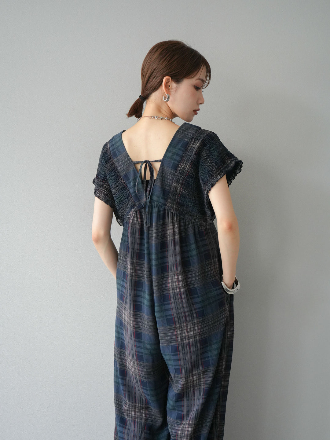 [套裝] 透視格紋褶皺背帶褲 + 配件套裝（2 套）