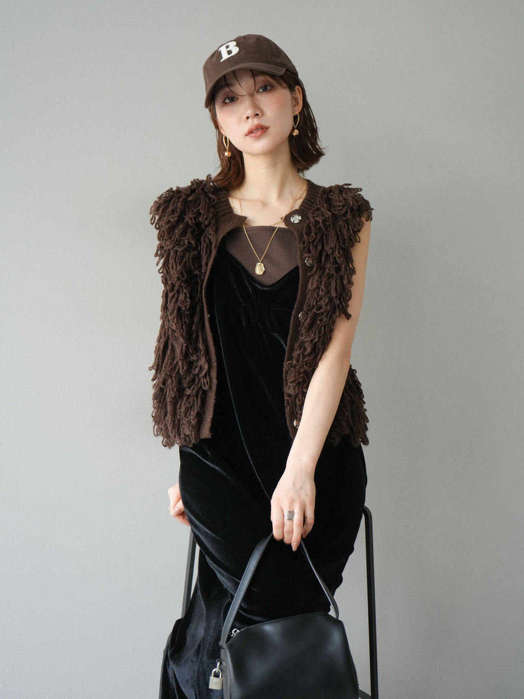 [予約]前開きループニットベスト/ブラウン