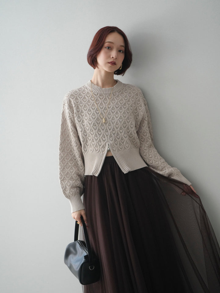 [予約]透かし編みフロントジップスリットニットプルオーバー/lightbeige