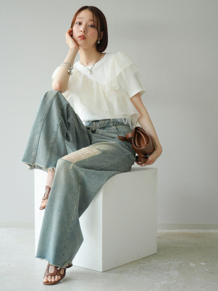 [予約]アシメフリルドッキングカットソー/オフホワイト