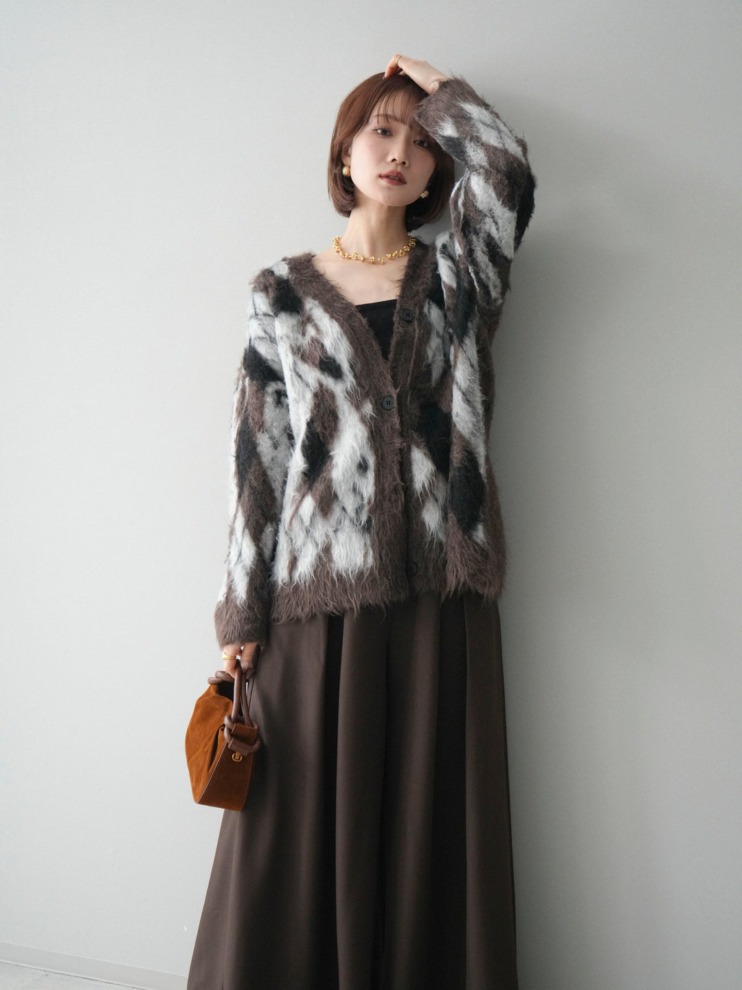 [予約]アーガイル柄シャギーニットカーディガン/brown