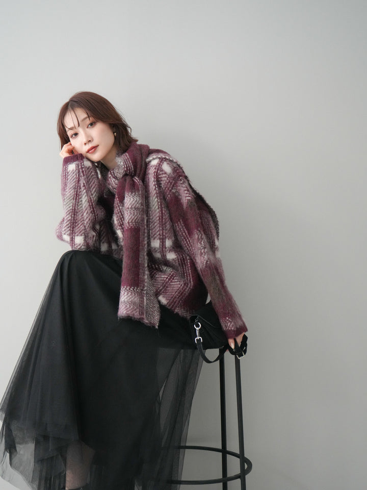 [予約]ストール付シャギーチェックニットプルオーバー/red