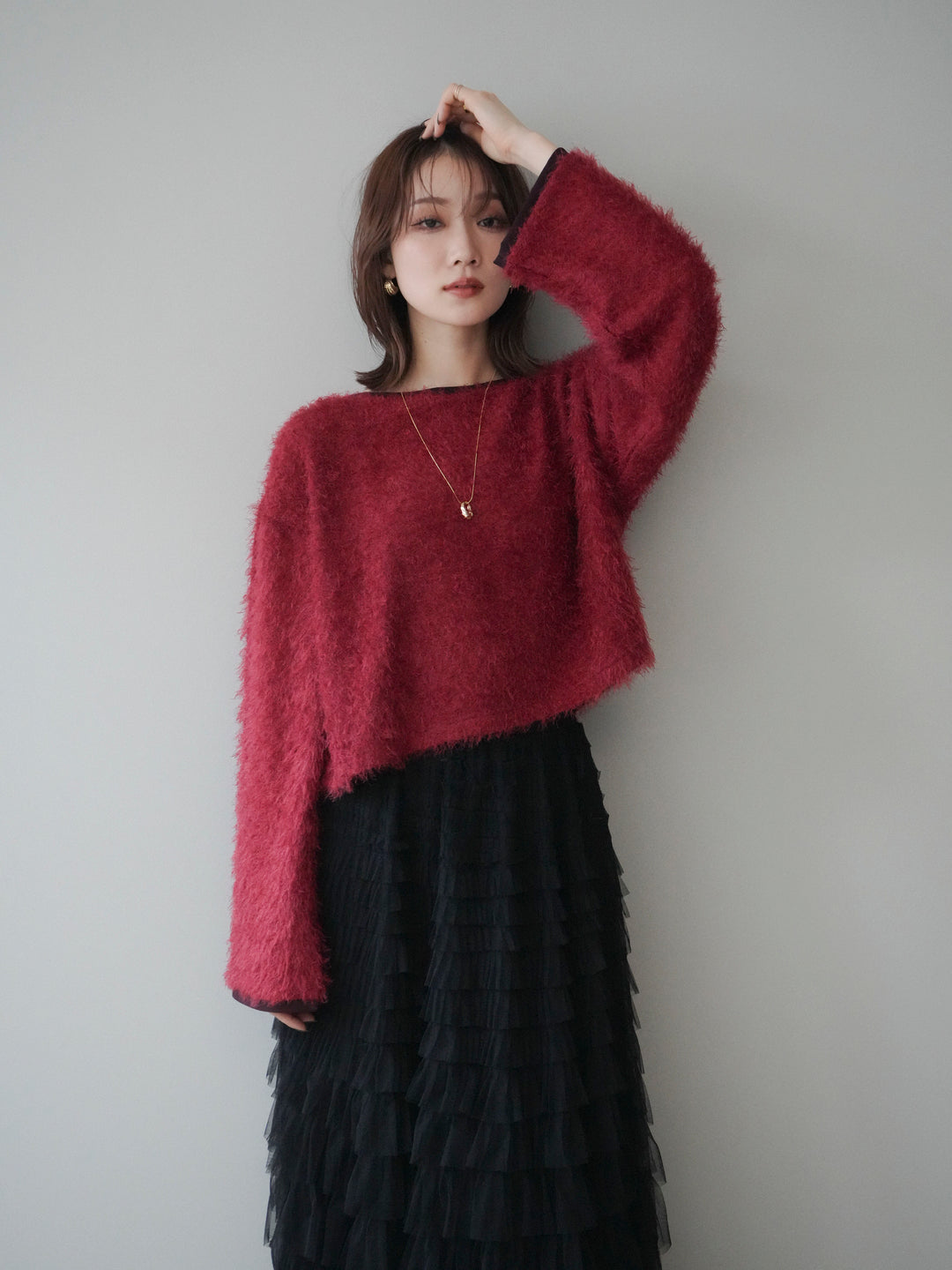 [予約]バイカラー2WAYシャギーニットカーディガン/red