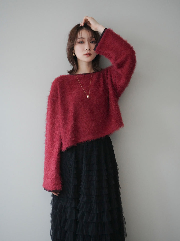 [予約]バイカラー2WAYシャギーニットカーディガン/red